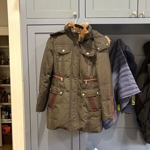 Andrew Marc Olive and Burgundy Winter Jacket with real dyed coyote Fur